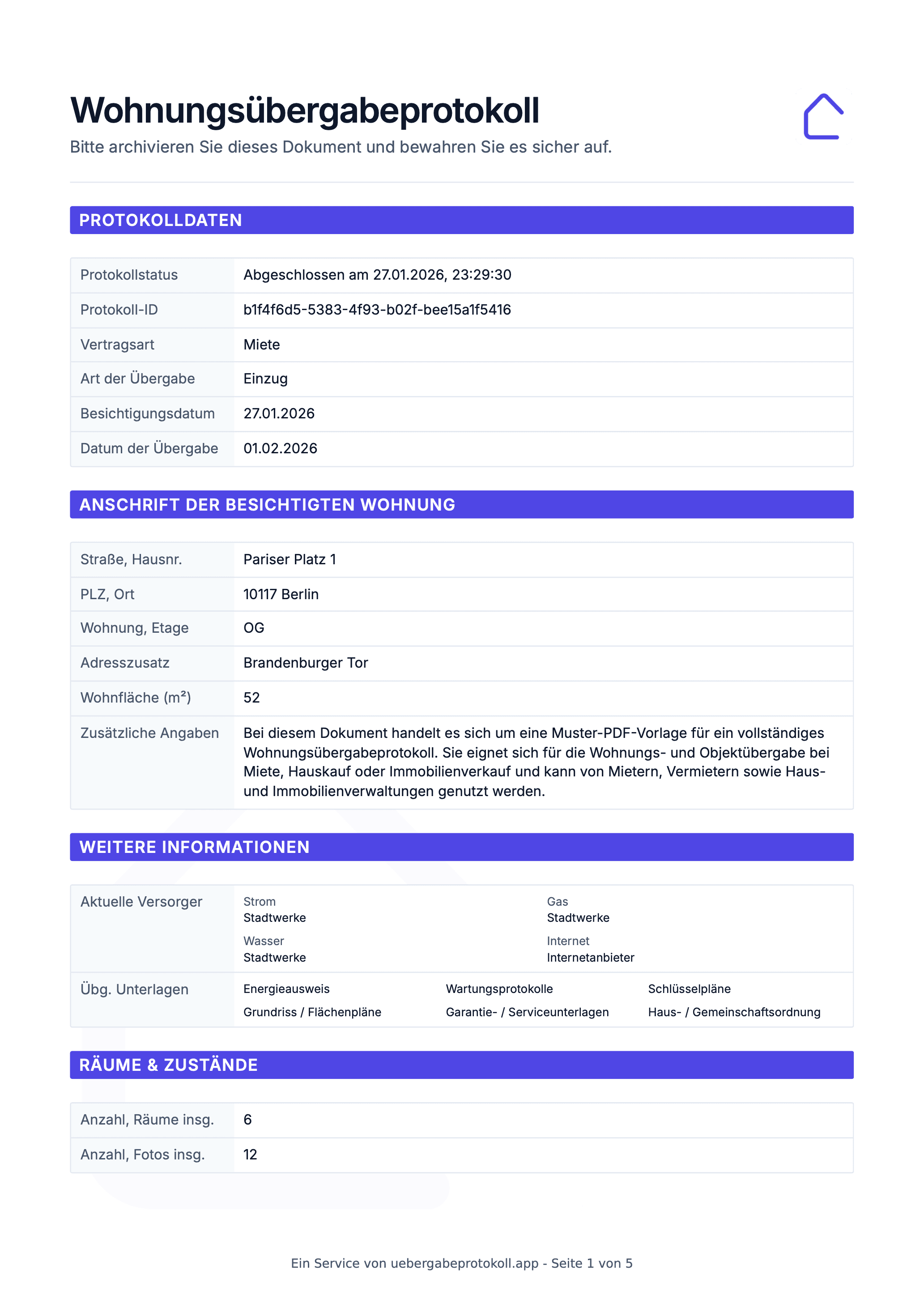 Wohnungsübergabeprotokoll PDF Vorlage: Deckblatt für Protokolldaten, allgemeine Informationen zum Objekt, Anschrift, Versorger und Dokumente