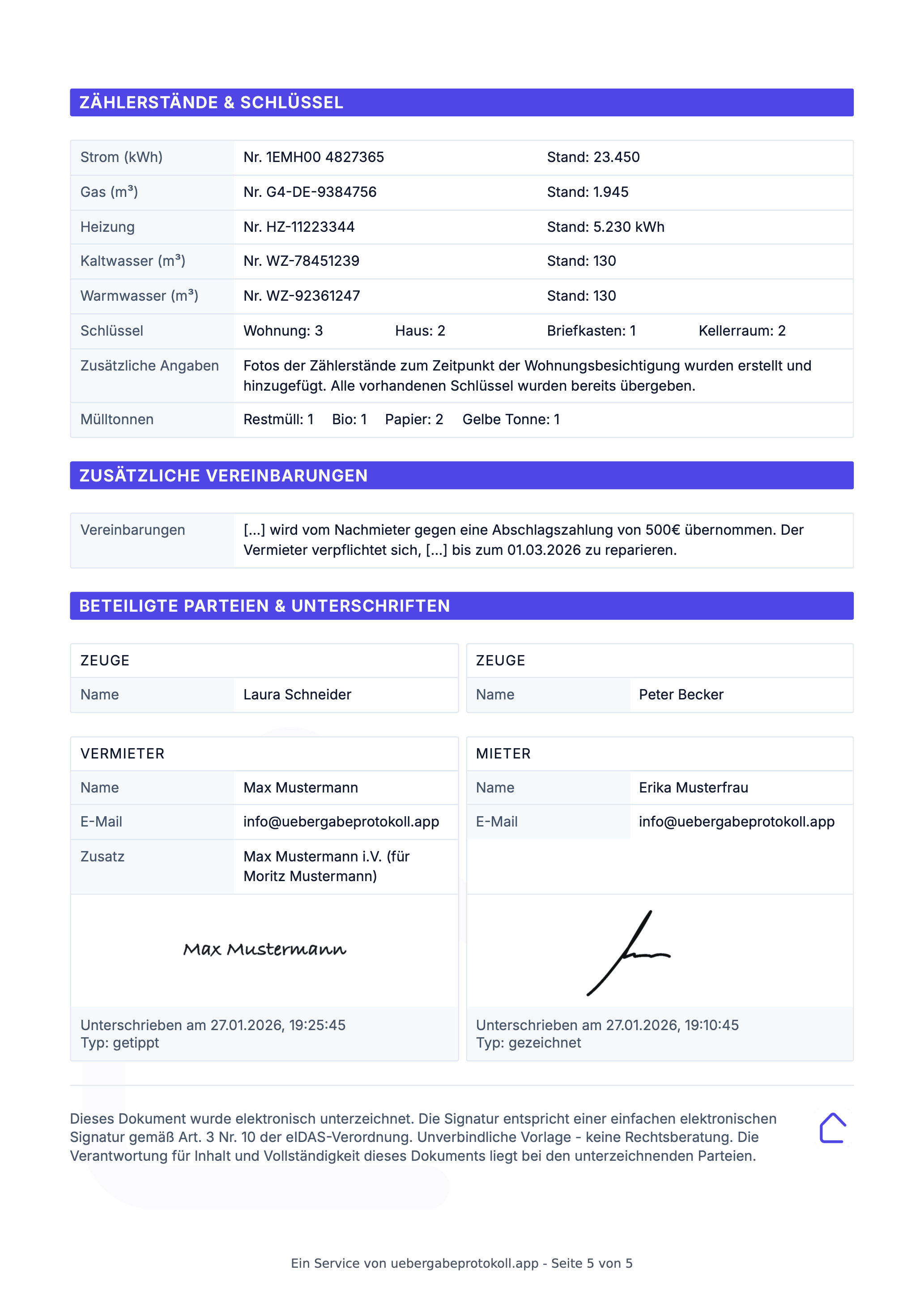 Wohnungsübergabeprotokoll PDF Vorlage: Seite 5 für Zählerstände und Schlüsselübergabe, Mülltonnen, zusätzliche Vereinbarungen, Zeugen und Unterschriften