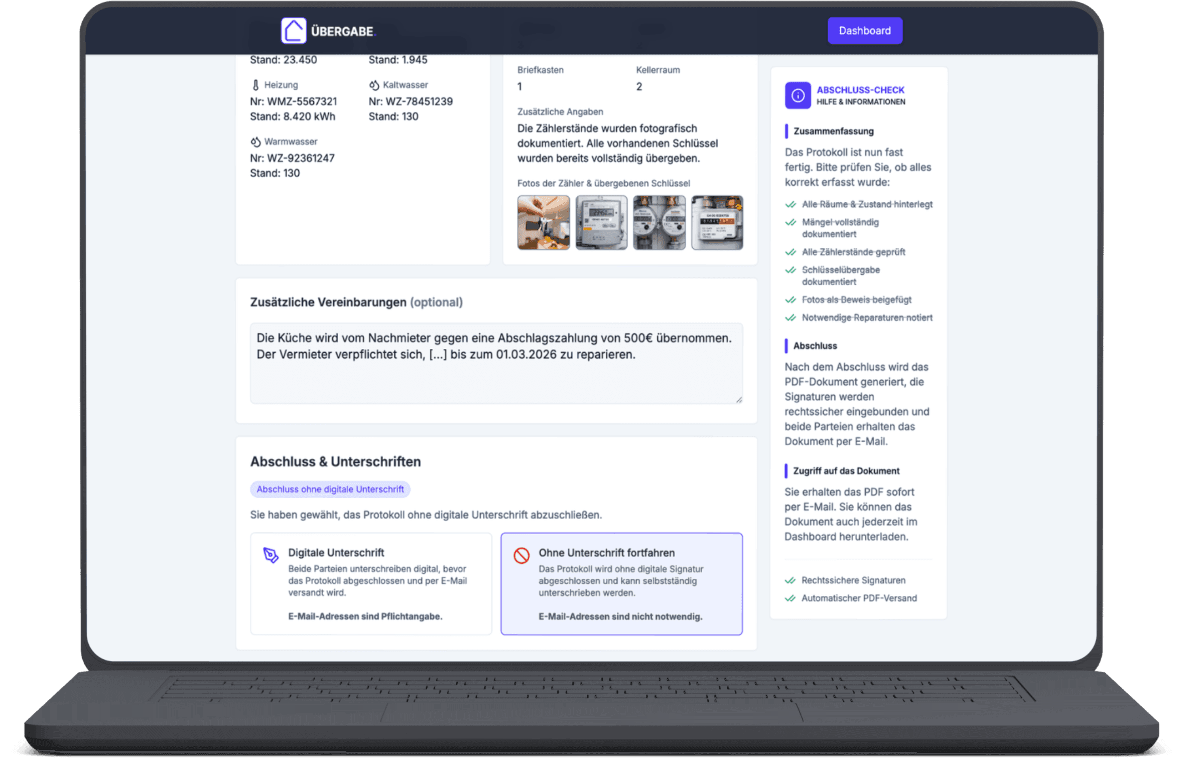 Wohnungsübergabeprotokoll App & Software auf einem Laptop - Protokoll online erstellen, mit digitaler Unterschrift oder vor Ort