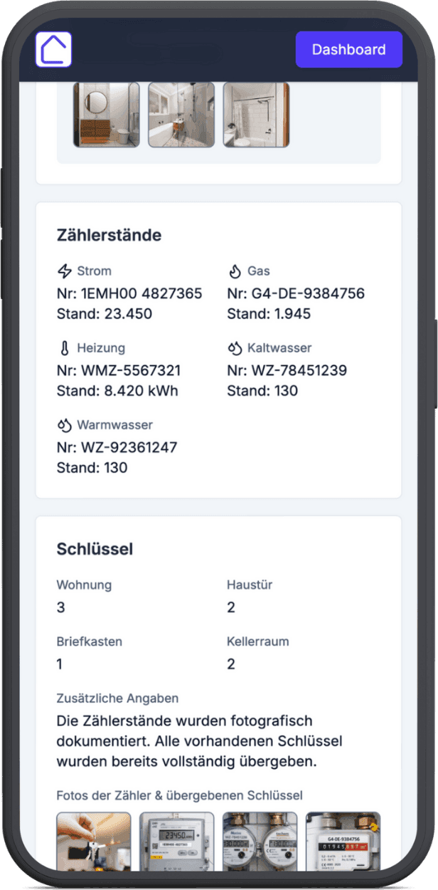 Wohnungsübergabeprotokoll App auf einem Smartphone: Zusammenfassung der Informationen und Fotos vor PDF-Export