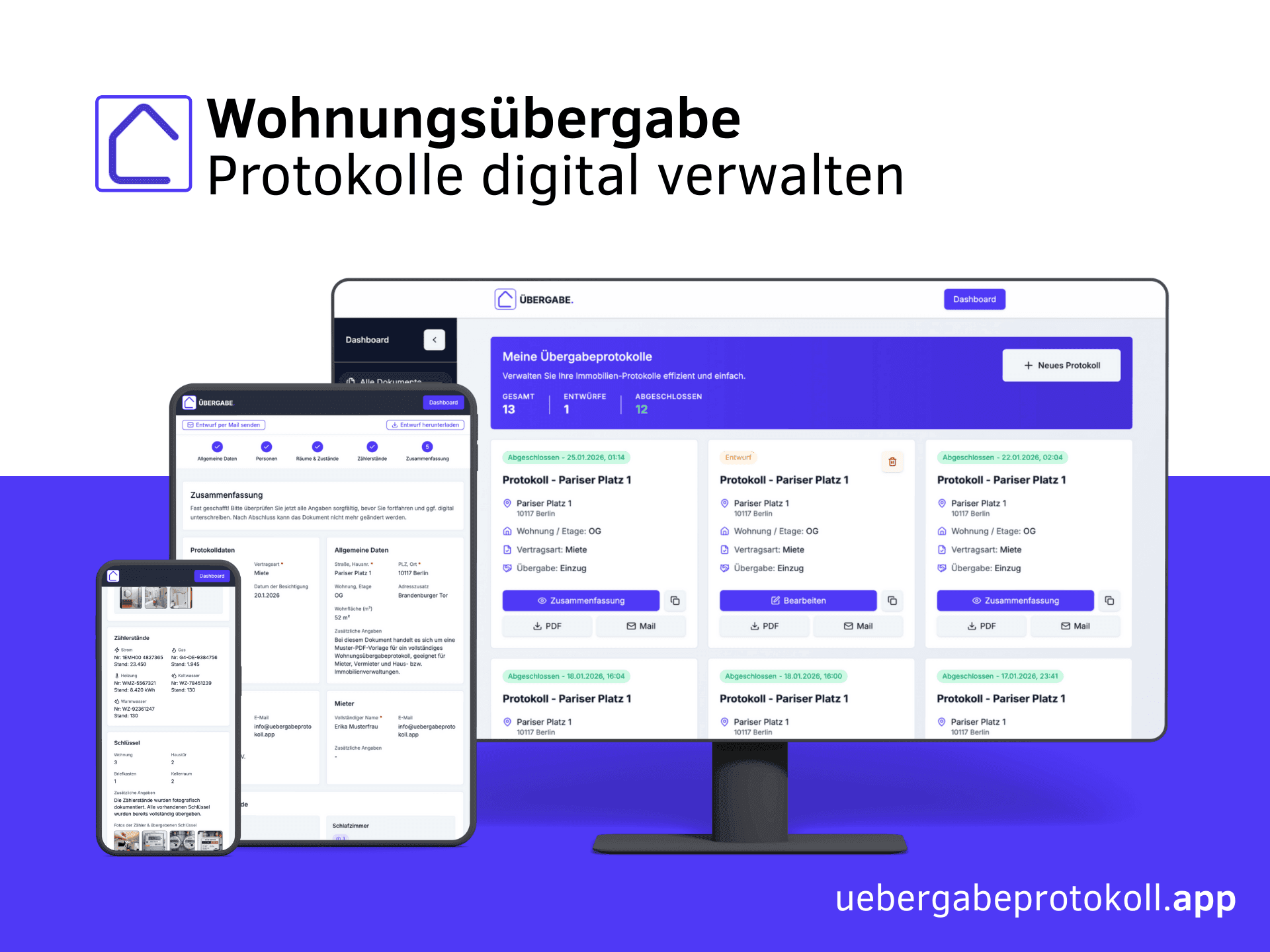 Dashboard Ansicht der Software: Digitale Verwaltung und Archivierung aller Wohnungsübergabeprotokolle am Computer